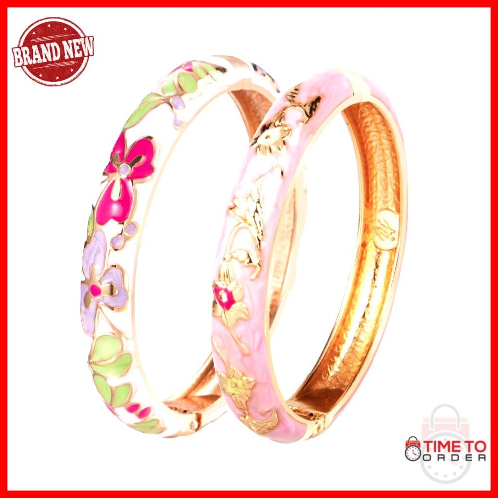 Alloy Enamel Bangle Bracelet Set with Spring Hinge Clasp 2.4 Inch Diameter
